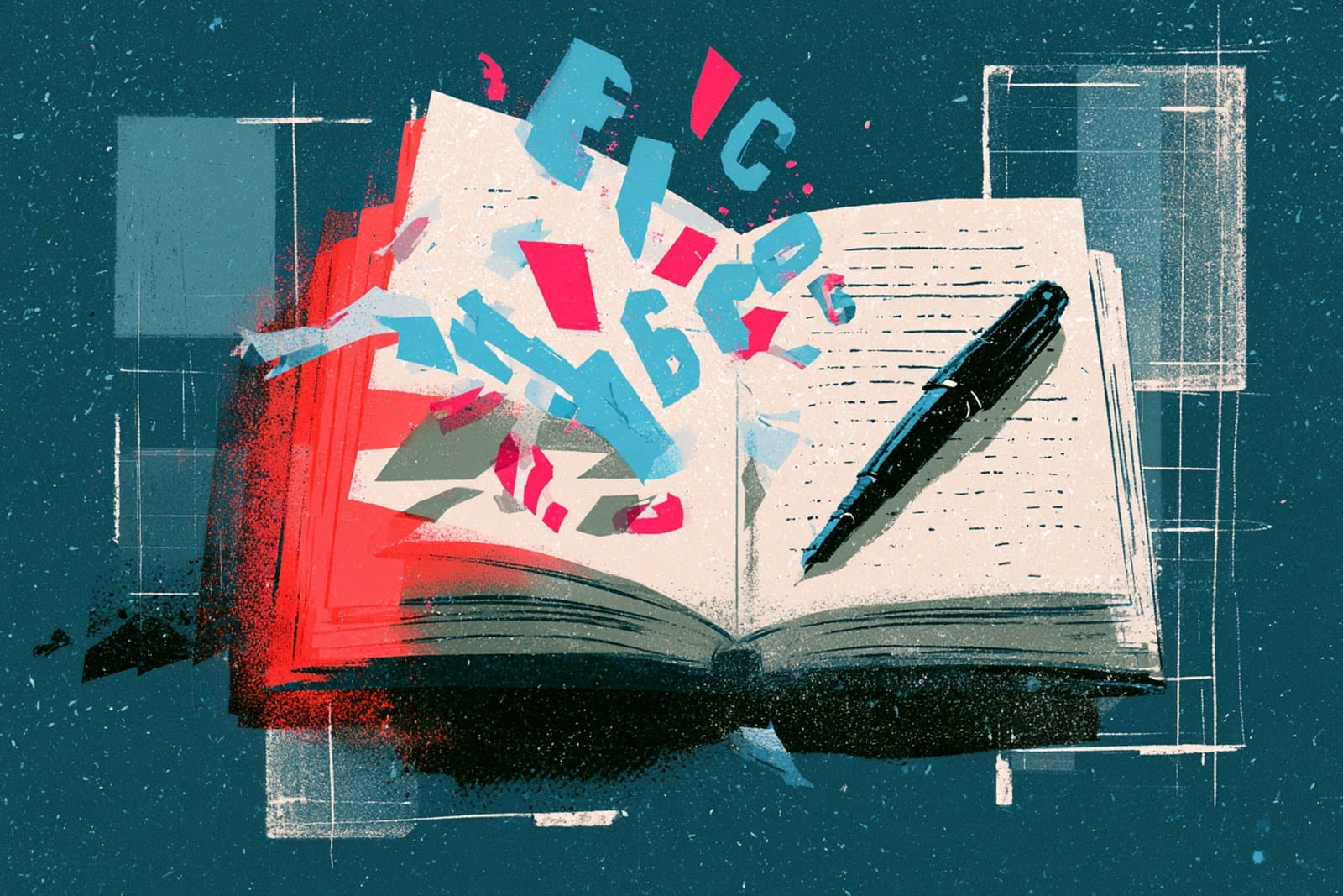Cuaderno abierto y pluma, con letras que se levantan de la página