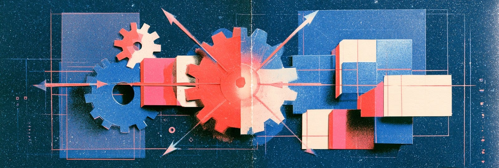 Sistema de operación orquestado: engranajes, flechas y bloques que encajan